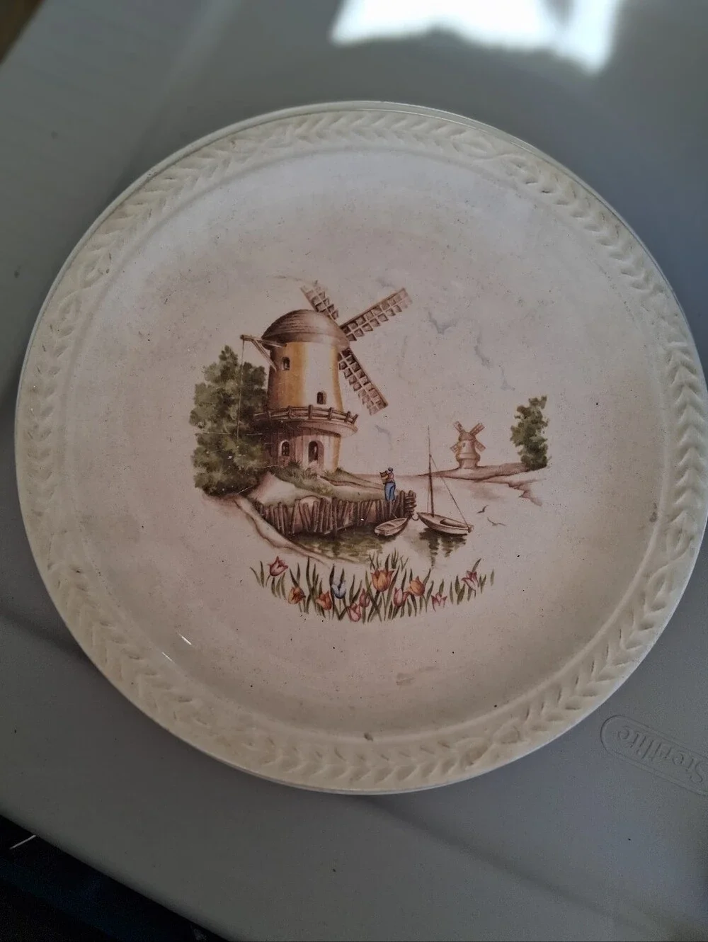 Vintage Windmill Scene Decorative Plate in Cream and Brown